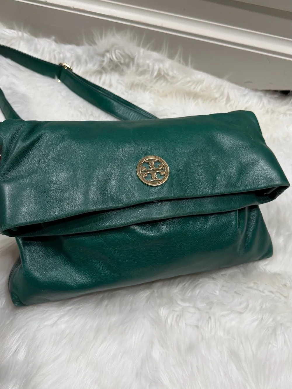 Tory Burch Emerald Green Leather Fold-Over Crossbody with Logo